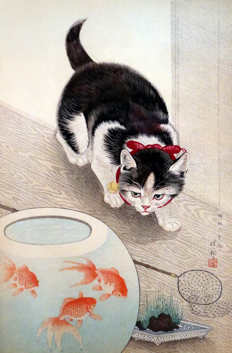 Ohara Koson's Cat and Goldfish Bowl